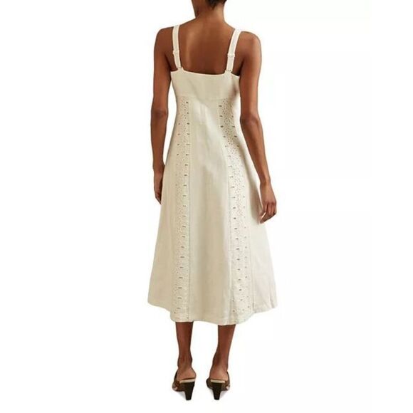 Reiss Women's Ivory Clarice Linen Broderie Midi Dress Size 10 NWOT - Picture 2 of 11